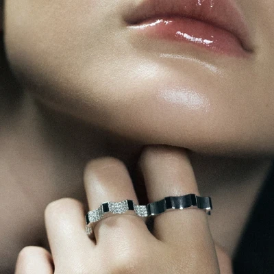 Kazanskiy ring, 18K white gold, black diamonds, diamonds, 4 mm