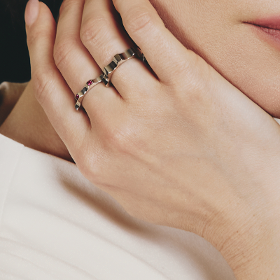 Kazanskiy ring, 18K white gold, rubies, 2 mm