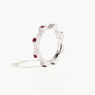 Kazanskiy ring, 18K white gold, diamonds, rubies, 2 mm