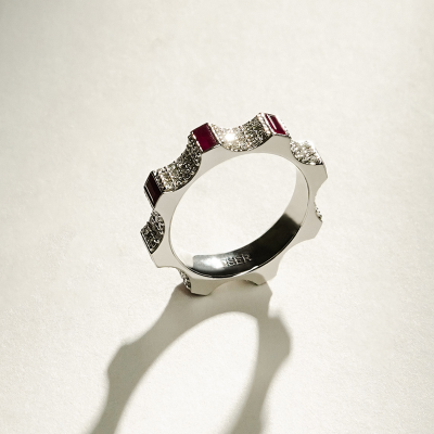 Kazanskiy ring, 18K white gold, diamonds, rubies, 4 mm